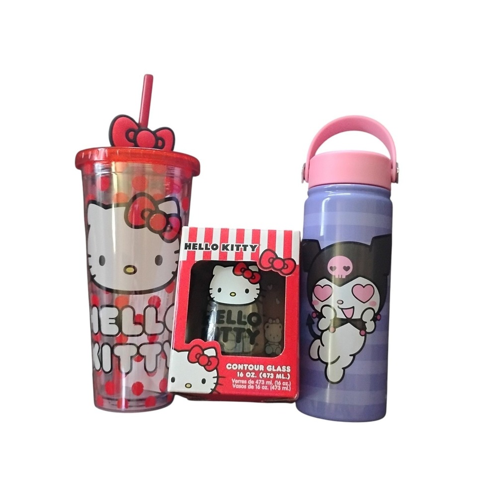 Sanrio Hello Kitty Kuromi Drinkware Set Tumbler Contour Glass Water Bottle 3pc